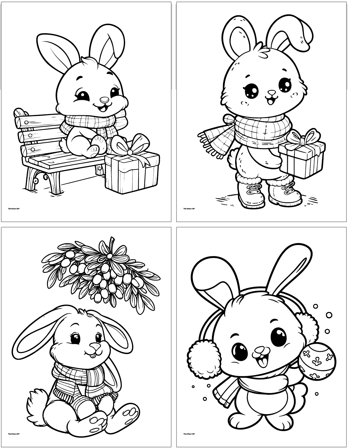 Four cute christmas bunny coloring pages including bunnies with gifts, a bunny under mistletoe, and a bunny with an ornament and ear muffs