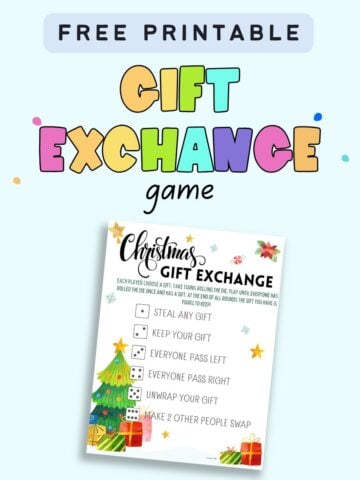 Text "free printable gift exchange game" with a preview of a Christmas gift exchange roll the dice game printable