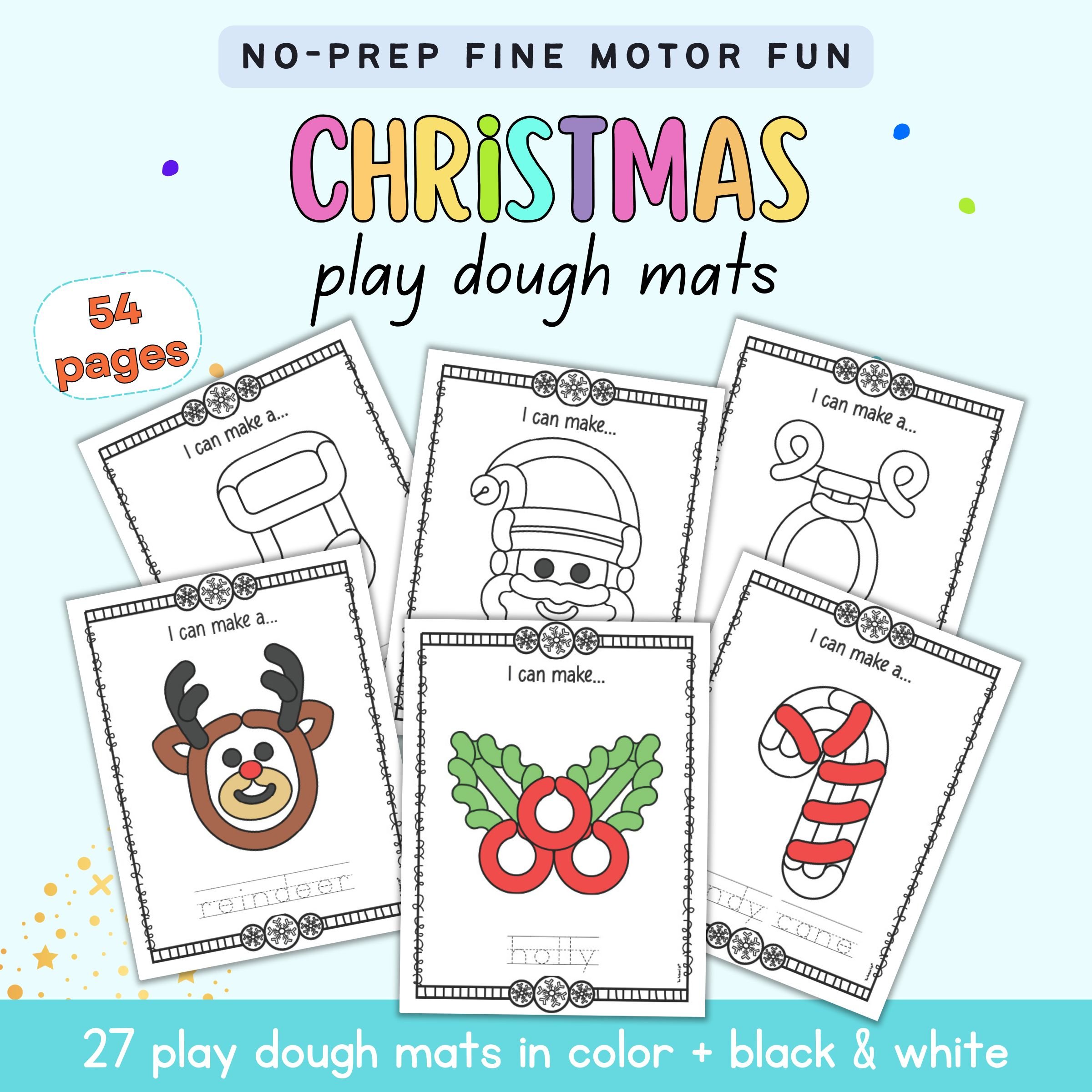 Text "no prep fine motor fun Christmas play dough mats" with a preview of six play dough mat designs