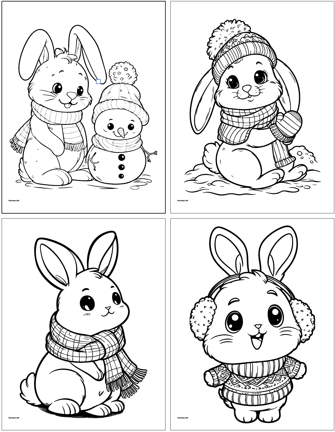 Four cute christmas bunny coloring pages including a bunny with a snowman, a bunny with mittens, a bunny with a scarf, and a bunny in a sweater