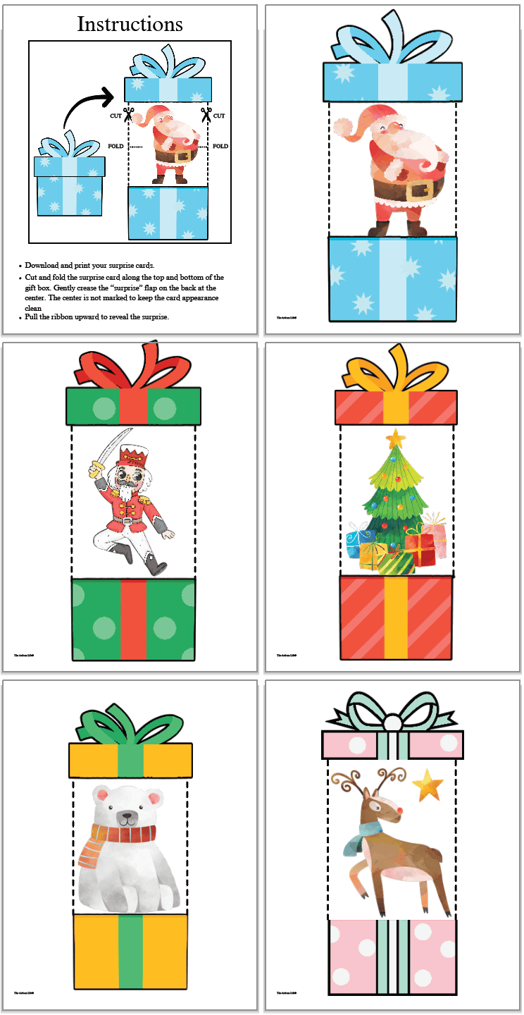 Five Christmas surprise cards and a page of instructions. Images include Santa, a nutcracker, a christmas tree, a bear, and Rudolph