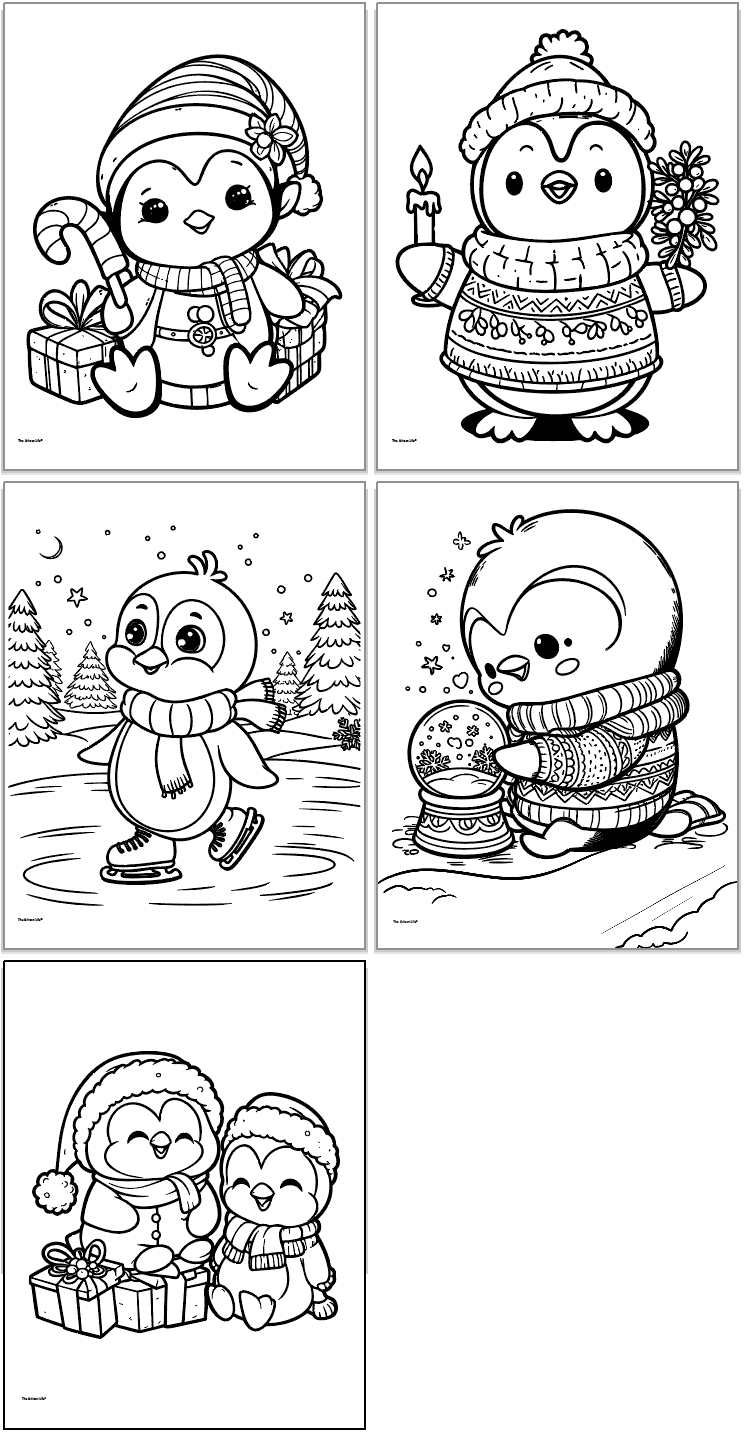 Five cute christmas penguin coloring pages. Penguins are doing activities like caroling, sledding, ice skating, and holding gifts