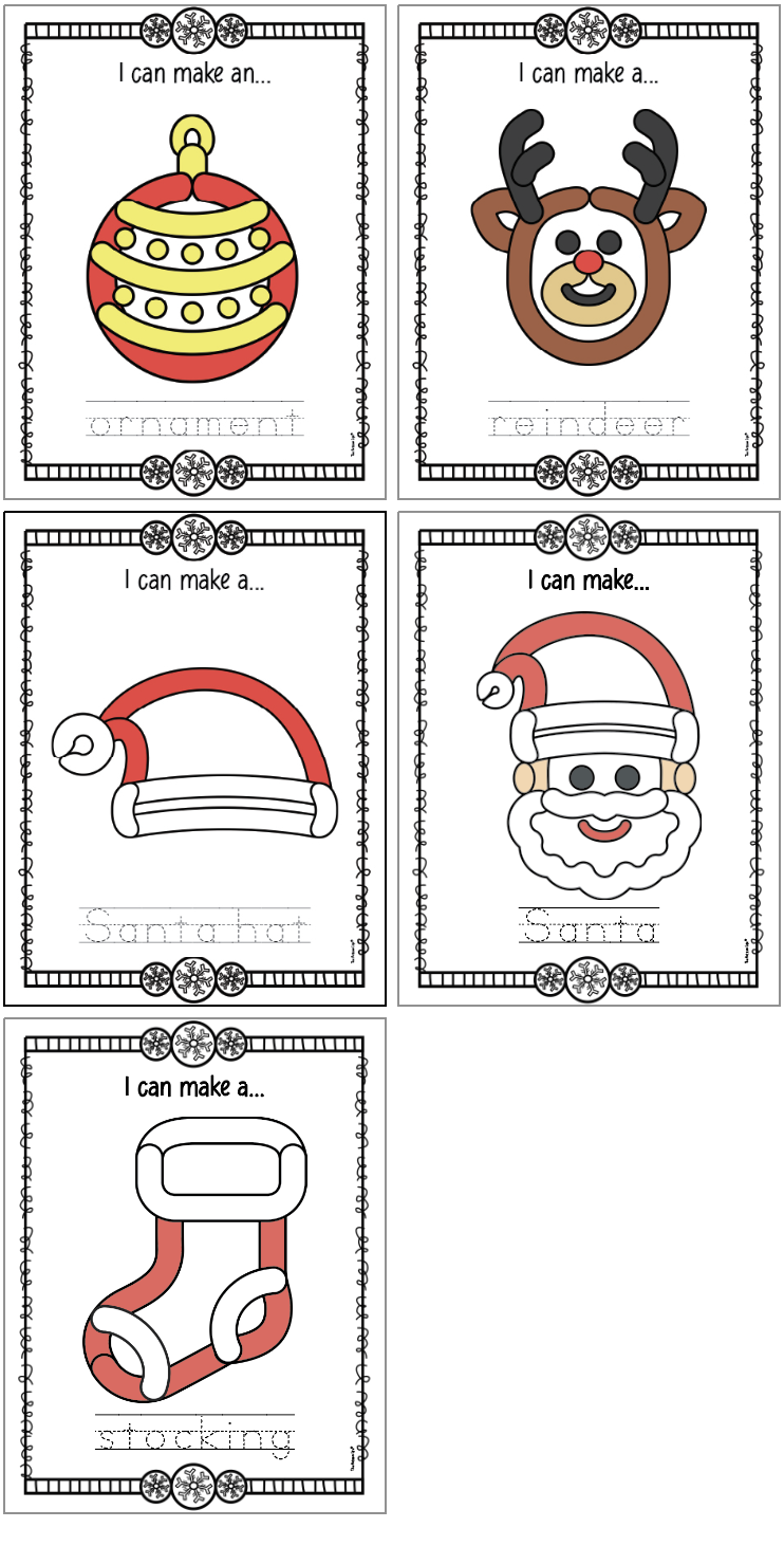 Five Christmas play dough mats including: ornament, reindeer, Santa hat, Santa, and stocking