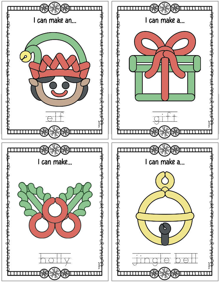 Four Christmas play dough mats including: elf, gift, holly, jingle bell