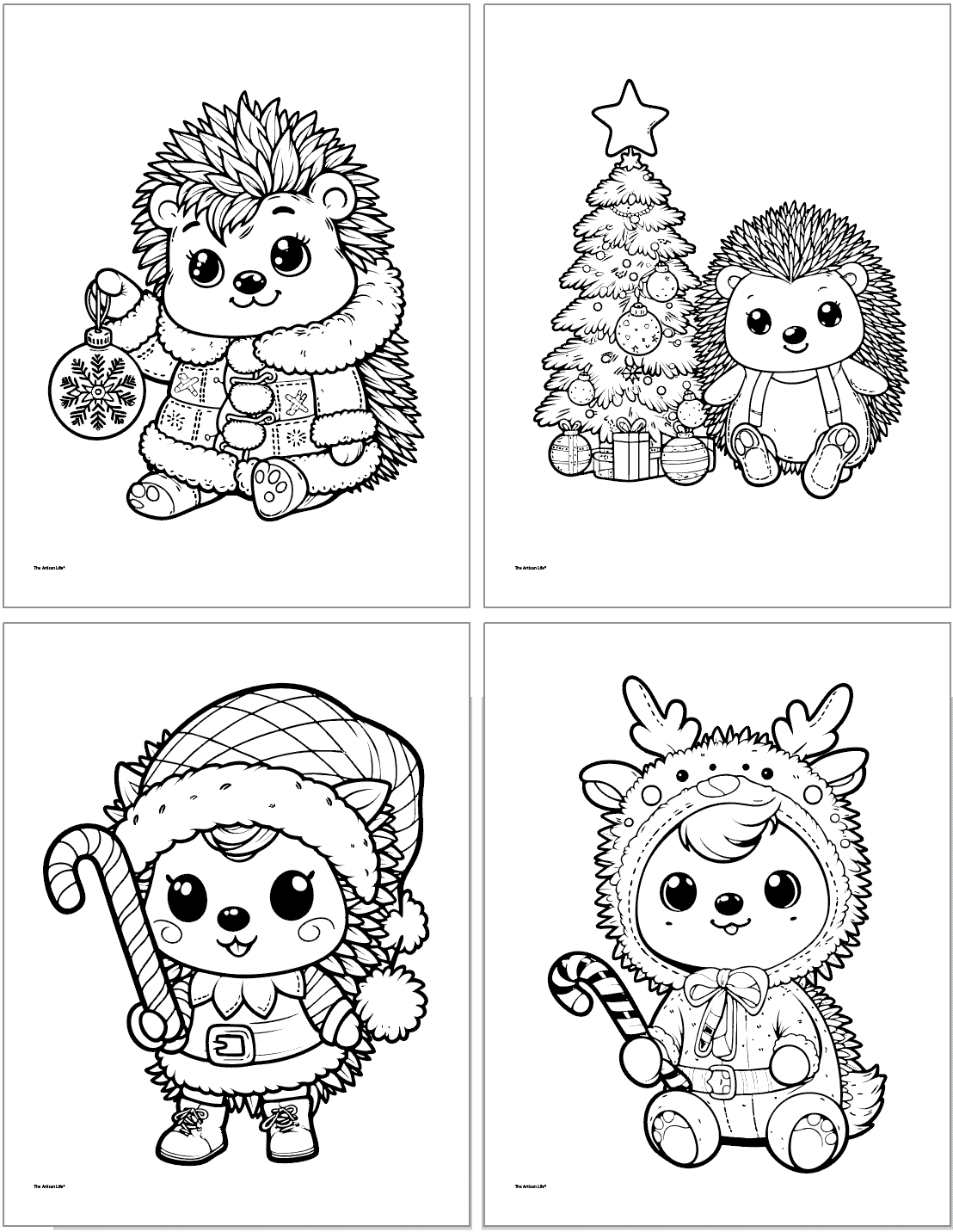 Four cute Christmas hedgehog coloring pages including a hedgehog with an ornament, a hedgehog with a christmas tree, a hedgehog with a candy cane, and a hedgehog in reindeer jammies