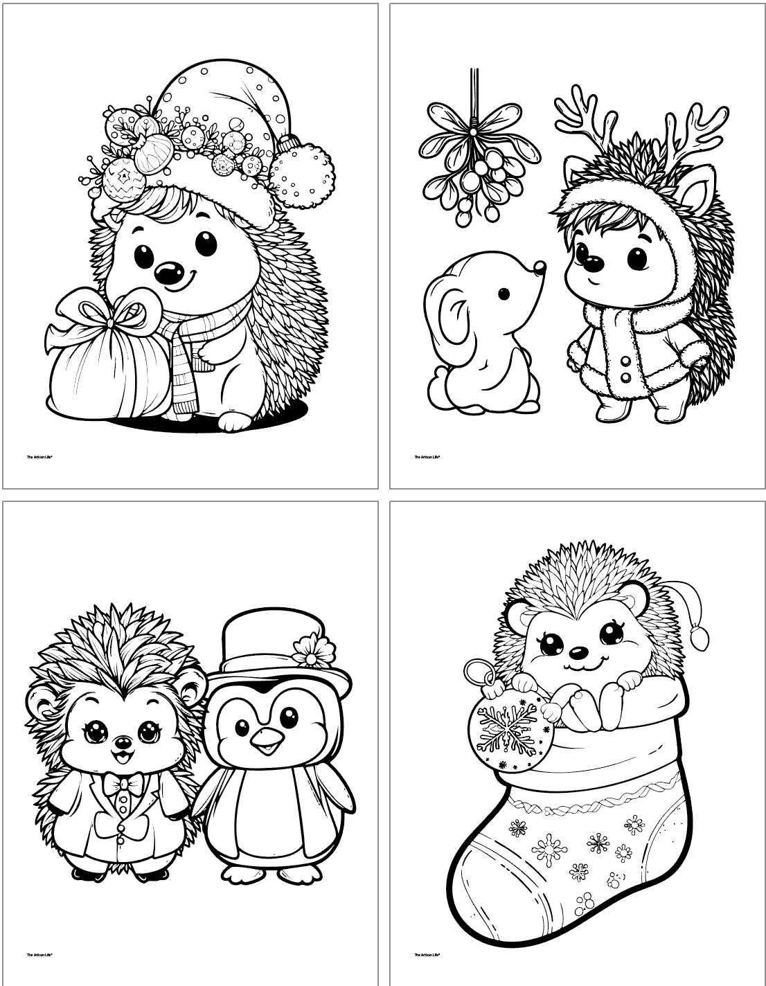 Four cute Christmas hedgehog coloring pages including a hedgehog with a sack, a hedgehog and a mouse under mistletoe, a hedgehog with a penguin, and a hedgehog in a stocking