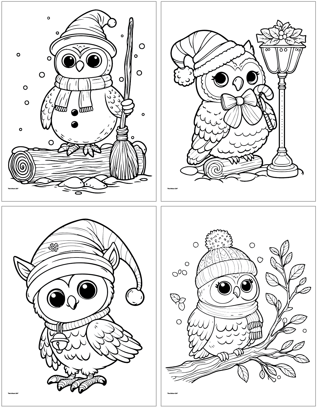 Four Christmas owl coloring pages. Three are on branches or logs and one is wearing an elf hat