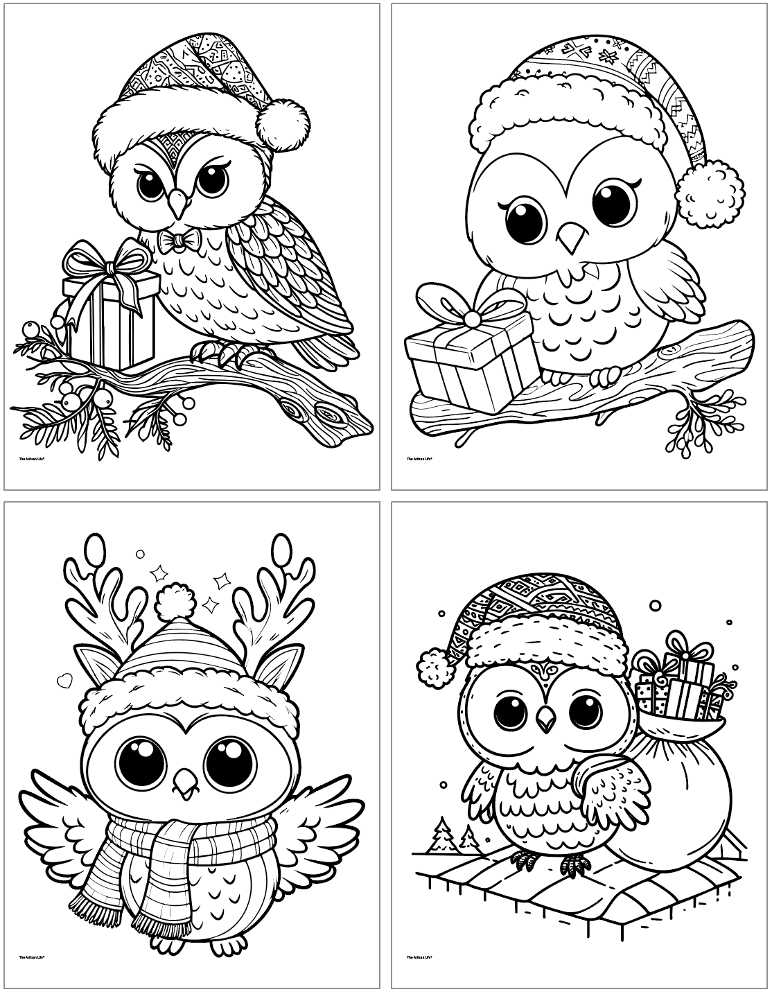 Four Christmas owl coloring pages. Two are on a branch with a gift, one has reindeer antlers, and another has a sack of toys