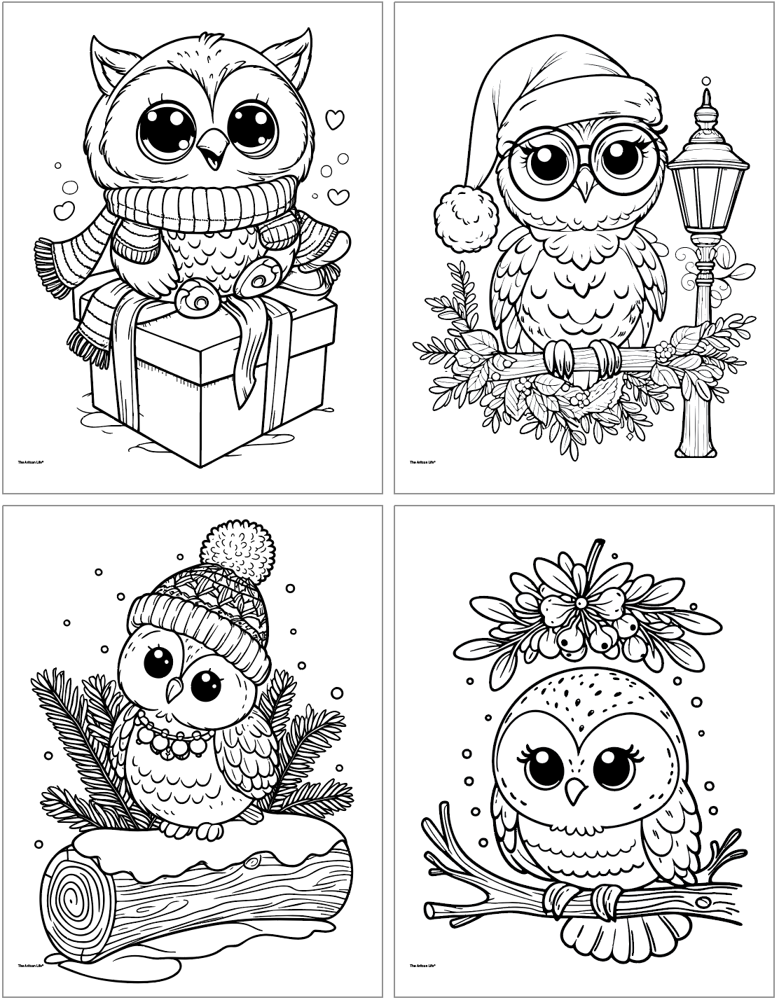 Four cute owl christmas coloring pages. One is on a present, one is by a lamp post, one is on a snowy log, and the fourth is under mistletoe 