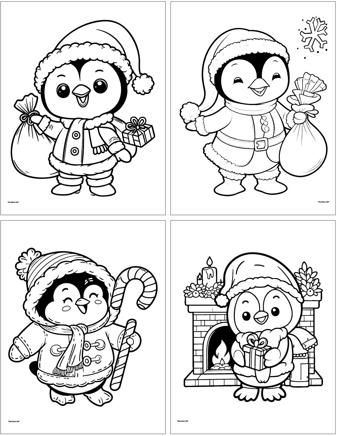 Four cute and easy Christmas penguin coloring pages. Two penguins are holding toy sacks, one is holding candy canes, and another is standing by a hearth