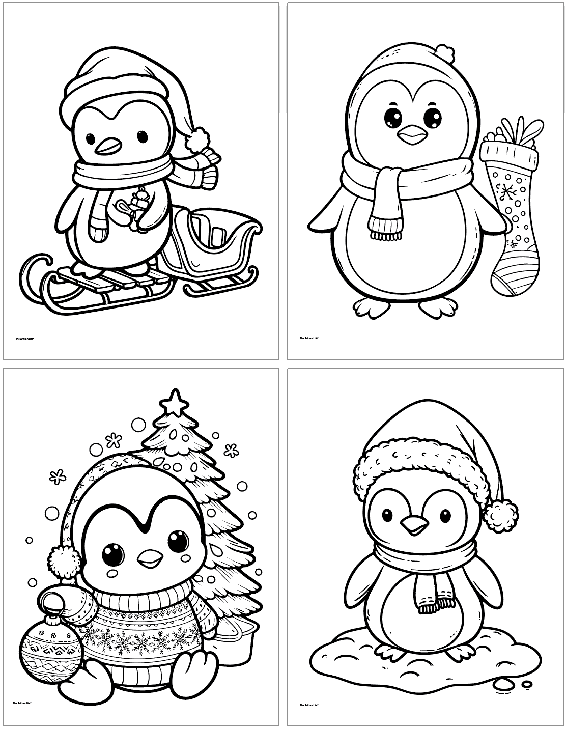 Four cute Christmas penguin coloring pages. Penguins are holding ornaments, wearing Santa hats, and sitting by a Christmas Tre