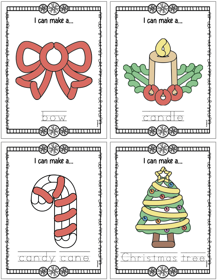 Four Christmas play dough mats including: bow, candle, candy cane, Christmas tree