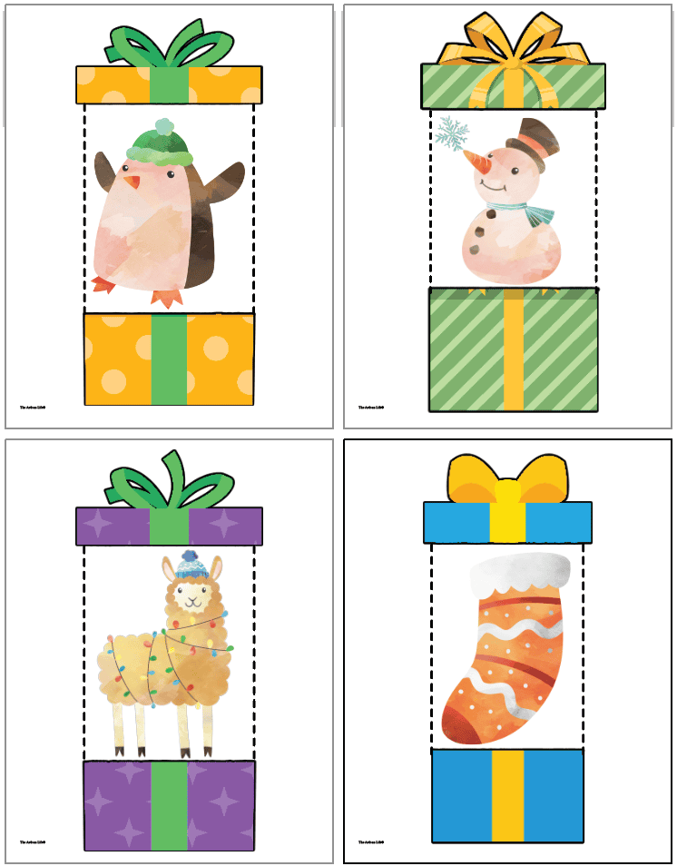 Four Christmas surprise cards for kids. Images include a penguin, a snowman, a llama, and a stocking