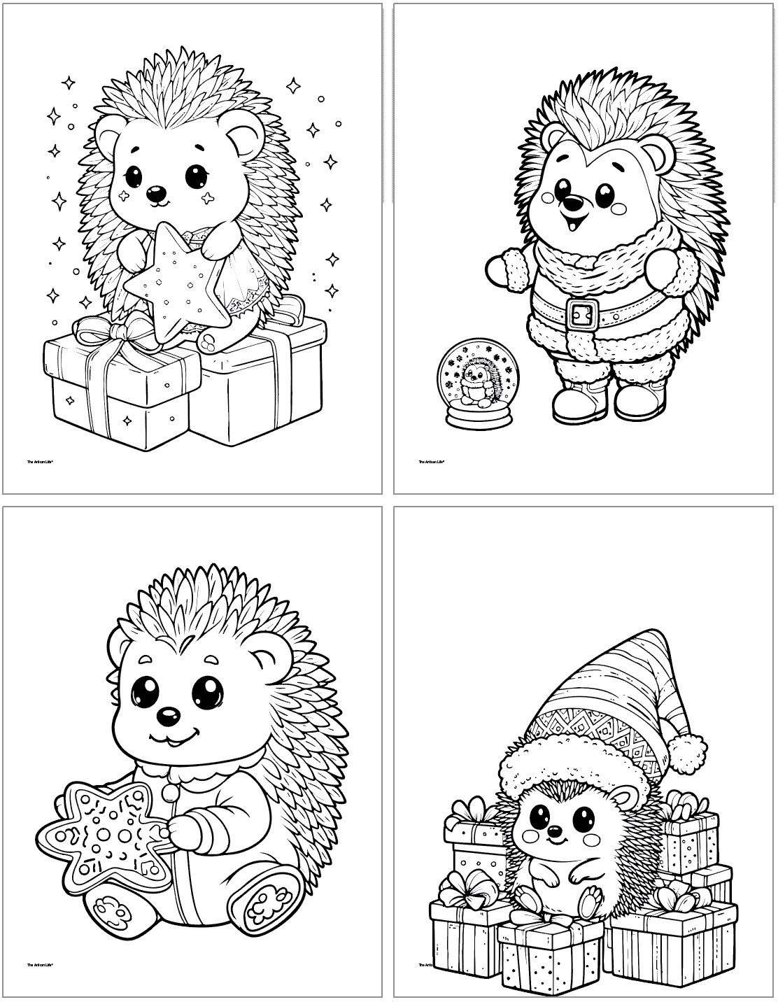 Four cute Christmas hedgehog coloring pages including a hedgehog with gifts, a hedgehog with a snow globe, a hedgehog with cookies, and a hedgehog with presents 