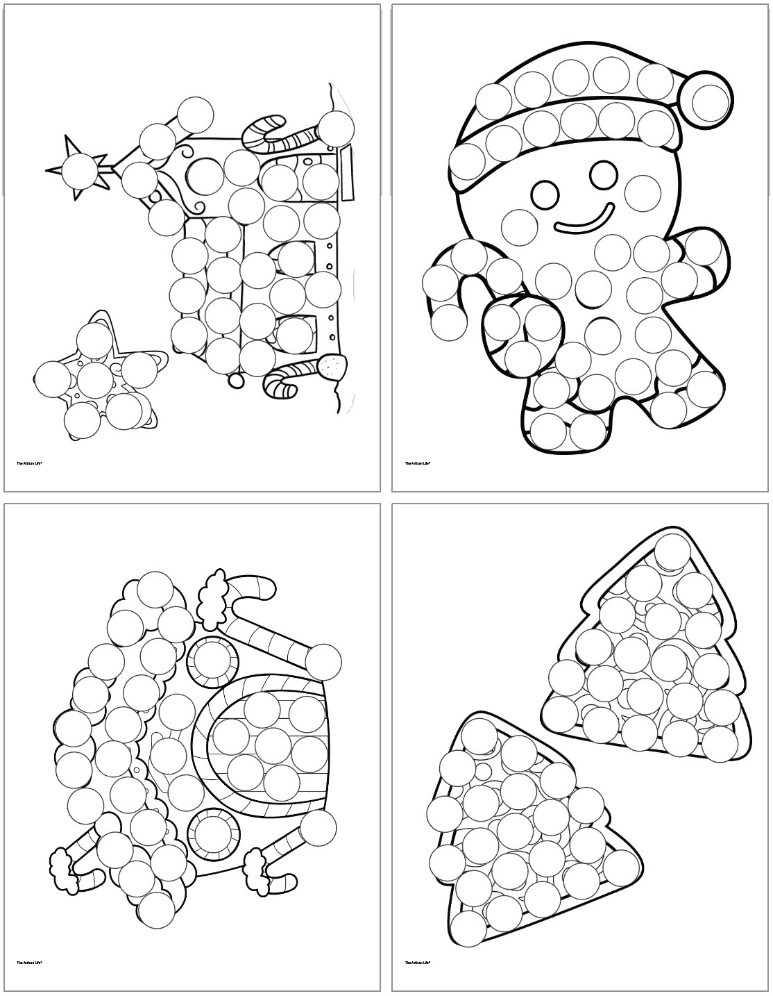 Four pages of dot marker coloring pages with gingerbread cookies