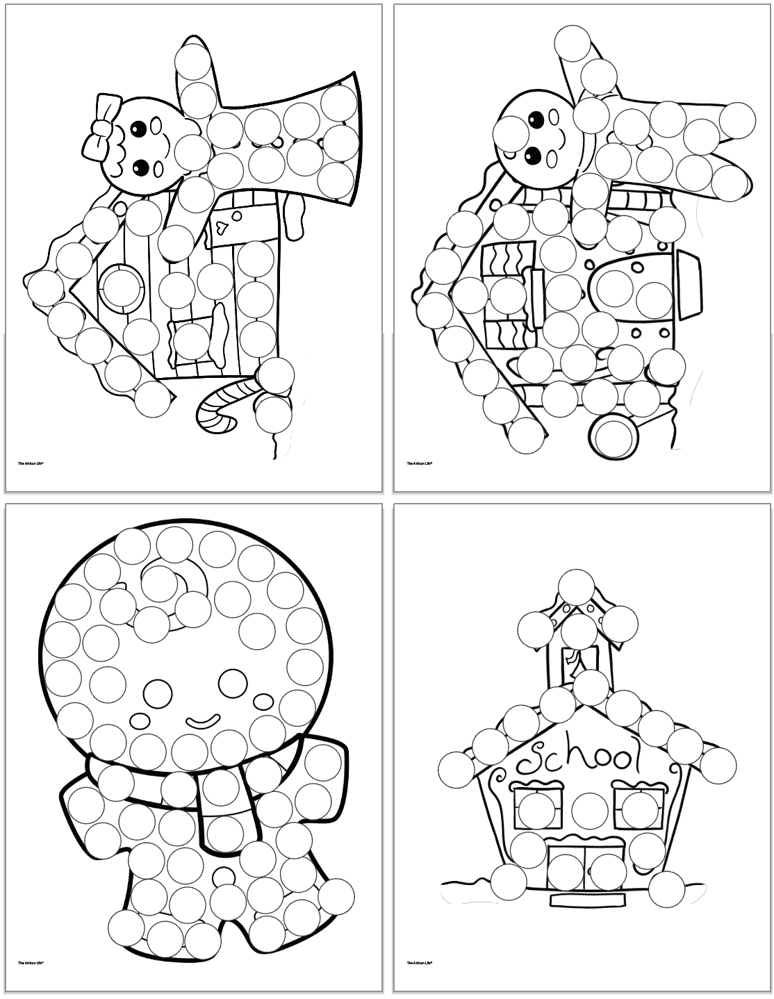 Four gingerbread house and gingerbread boy dot marker coloring pages