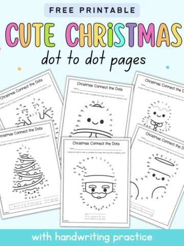 Text "free printable cute christmas dot to dot pages" with a preview of six christmas dot to dot sheets