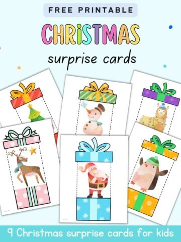 text "Free printable Christmas surprise cards" with a preview of six Christmas surprise card printables for kids