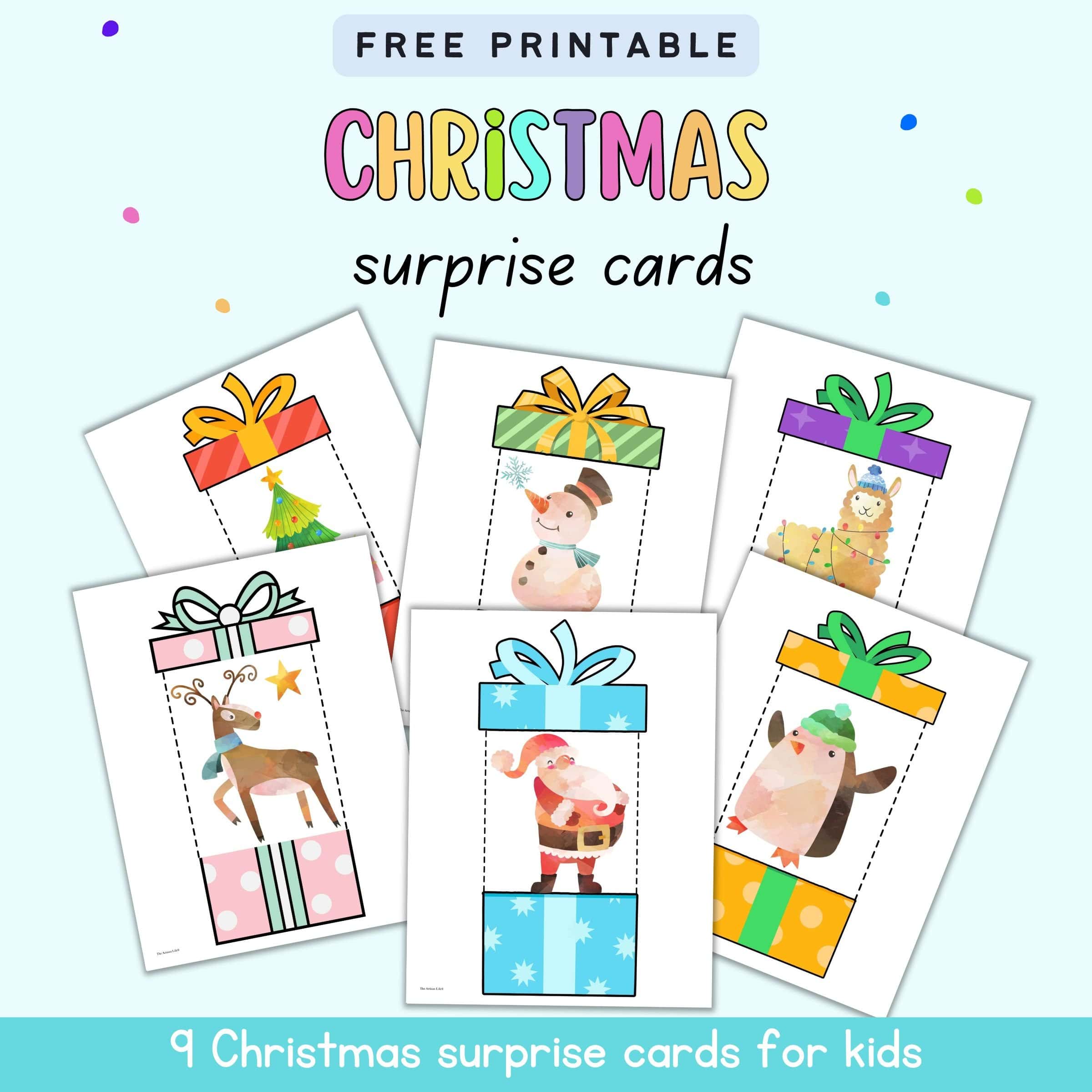 text "Free printable Christmas surprise cards" with a preview of six Christmas surprise card printables for kids