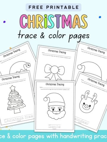 Text "christmas trace and color pages" with a preview of six tracing and coloring pages with handwriting practice