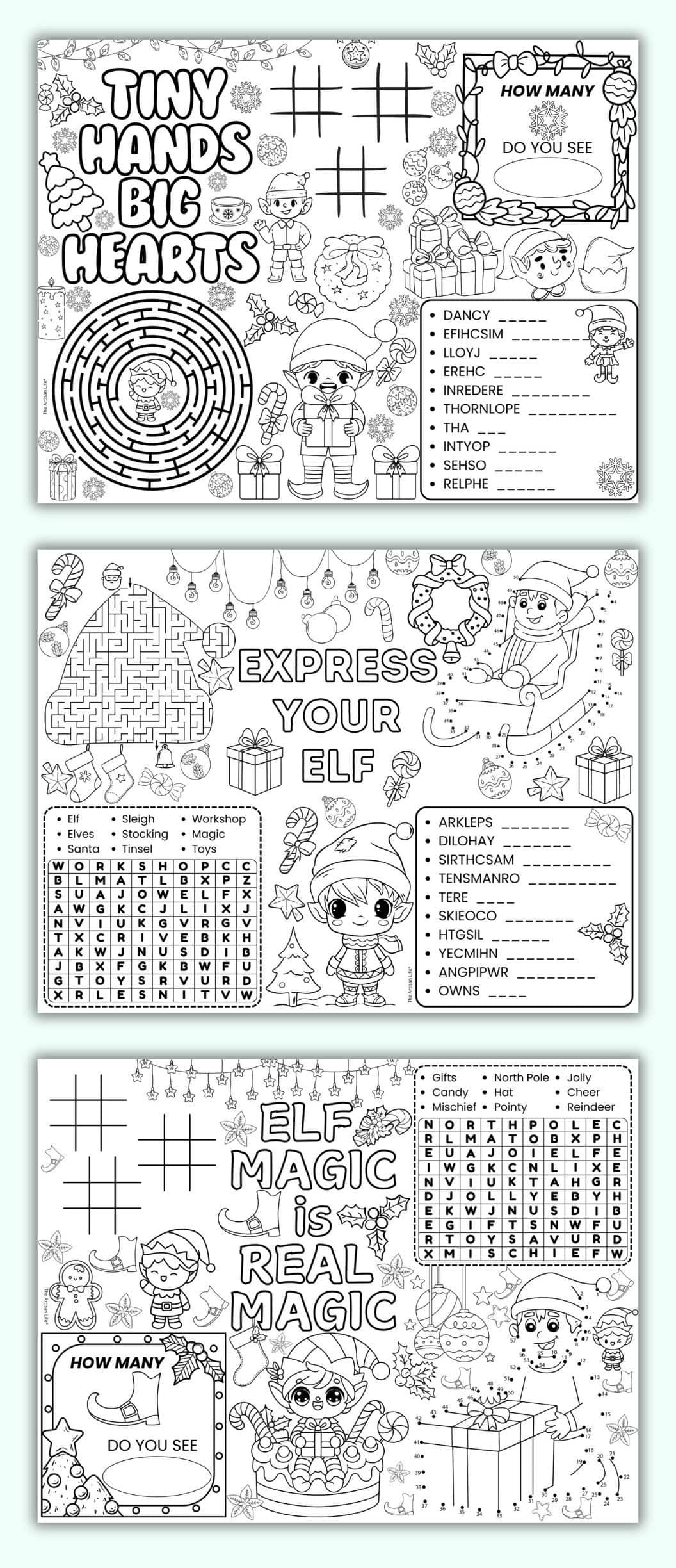 Three Christmas elf themed activity placemats of kids with mazes, coloring, word scrambles, tic tac toe, and more