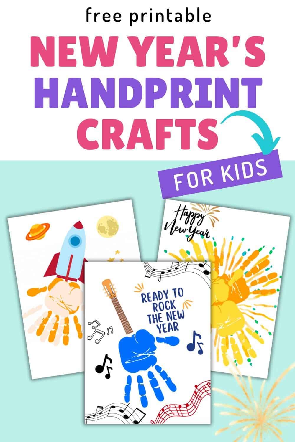 text "free printable New Year's handprint crafts for kids" with a preview of three competed handprint crafts