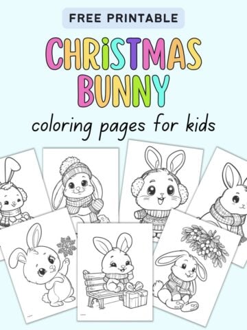 text "free printable christmas bunny coloring pages for kids" with a preview of seven cute christmas bunny coloring sheets