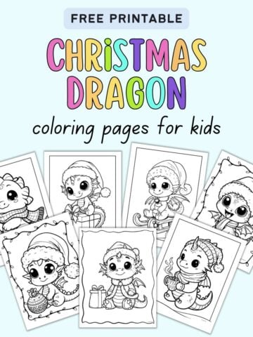 text "free printable christmas dragon coloring pages for kids" with a preview of seven ages featuring cute winter dragons