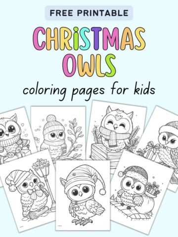 Text "free printable Christmas owls coloring pages for kids" with a preview of seven printabel owl coloring pages with a Christmas theme