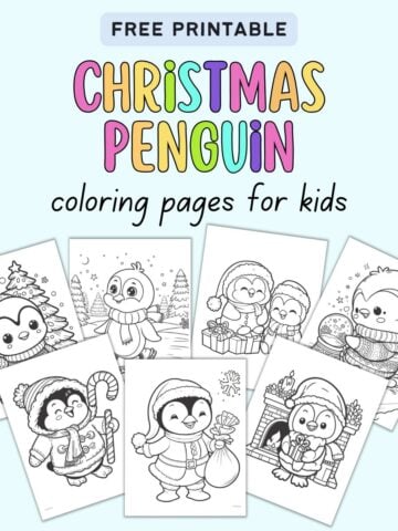 text "free printable christmas penguin coloring pages for kids" with previews of seven cute Christmas penguin coloring pages