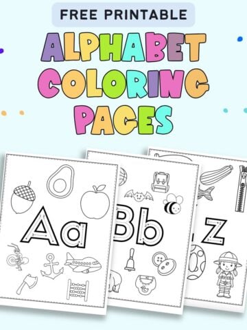 text "free printable alphabet coloring pages" with a preview of there alphabet coloring pages. One is for A, one for B, and one for Z