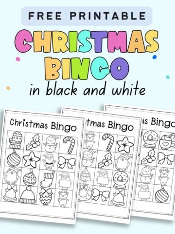 text "free printable Christmas bingo in black and white" with a preview of three bingo cards