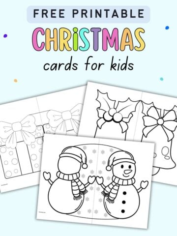 text "free printable Christmas cards for kids" with an image of three cut and fold Christmas card coloring pages. One shows a snowman, one a bell, and one a present.