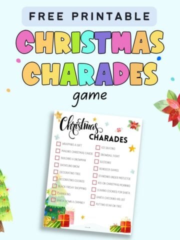 text "free printable Christmas charades" with a preview of a christmas charades game