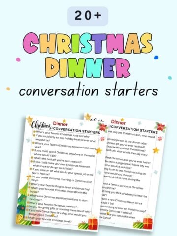 text "20+ christmas dinner conversation starters" with a preview of two pages of dinner conversation starters for families