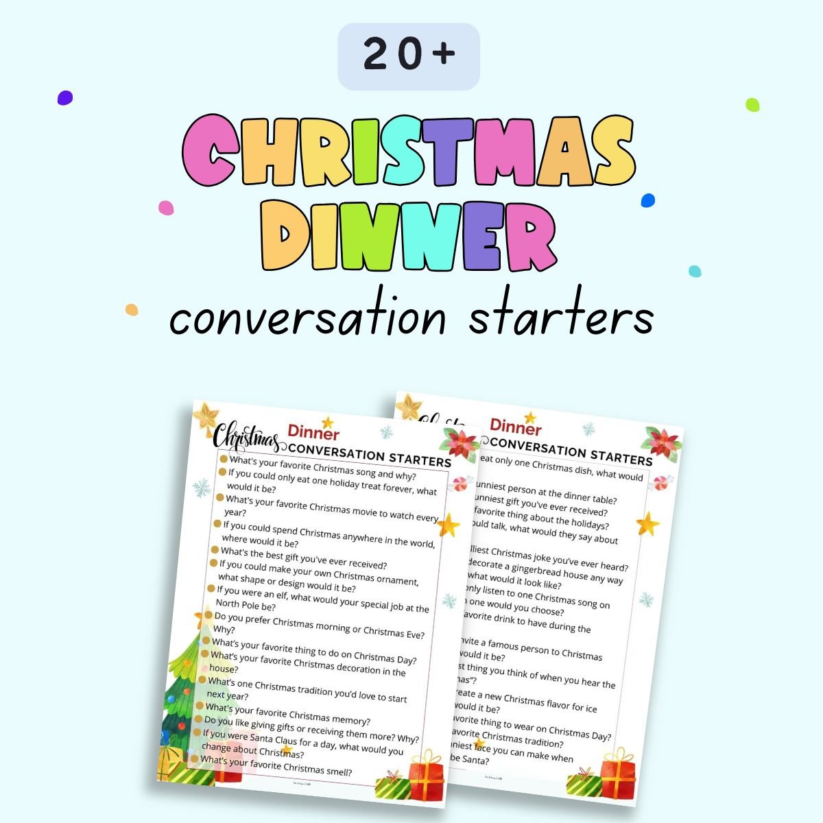 text "20+ christmas dinner conversation starters" with a preview of two pages of dinner conversation starters for families