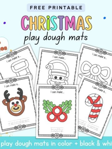 text "free printable Christmas play dough mats" with a preview of six Christmas themed play dough mats with images to make out of play dough snakes