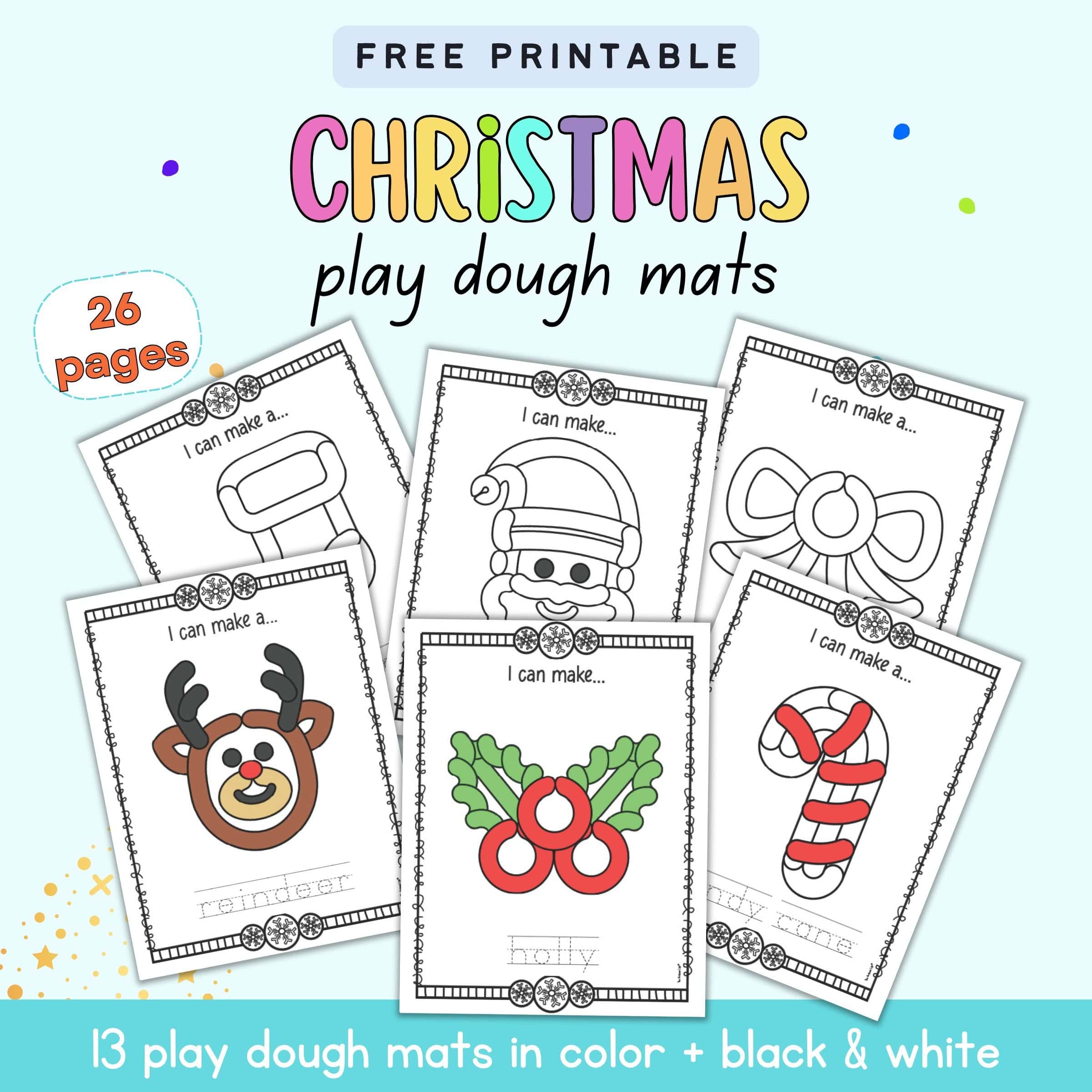 text "free printable Christmas play dough mats" with a preview of six Christmas themed play dough mats with images to make out of play dough snakes