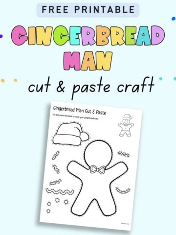 Text "free printable gingerbread man cut and paste craft" with a preview of a gingerbread man cut and paste craft for kids