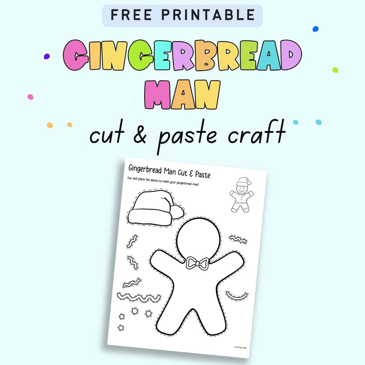 Text "free printable gingerbread man cut and paste craft" with a preview of a gingerbread man cut and paste craft for kids