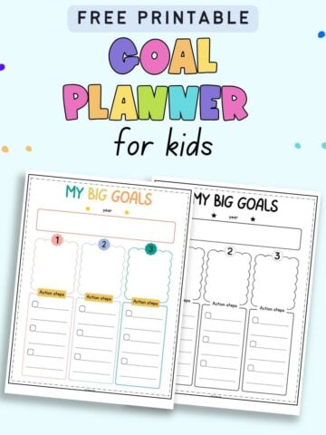 text "free printable goal planner for kids" with a preview of a color goal planner and a black and white goal planner