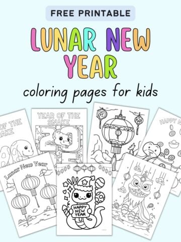 text "free printable lunar new year coloring pages for kids" with a. preview of five pages of lunar new year coloring sheets