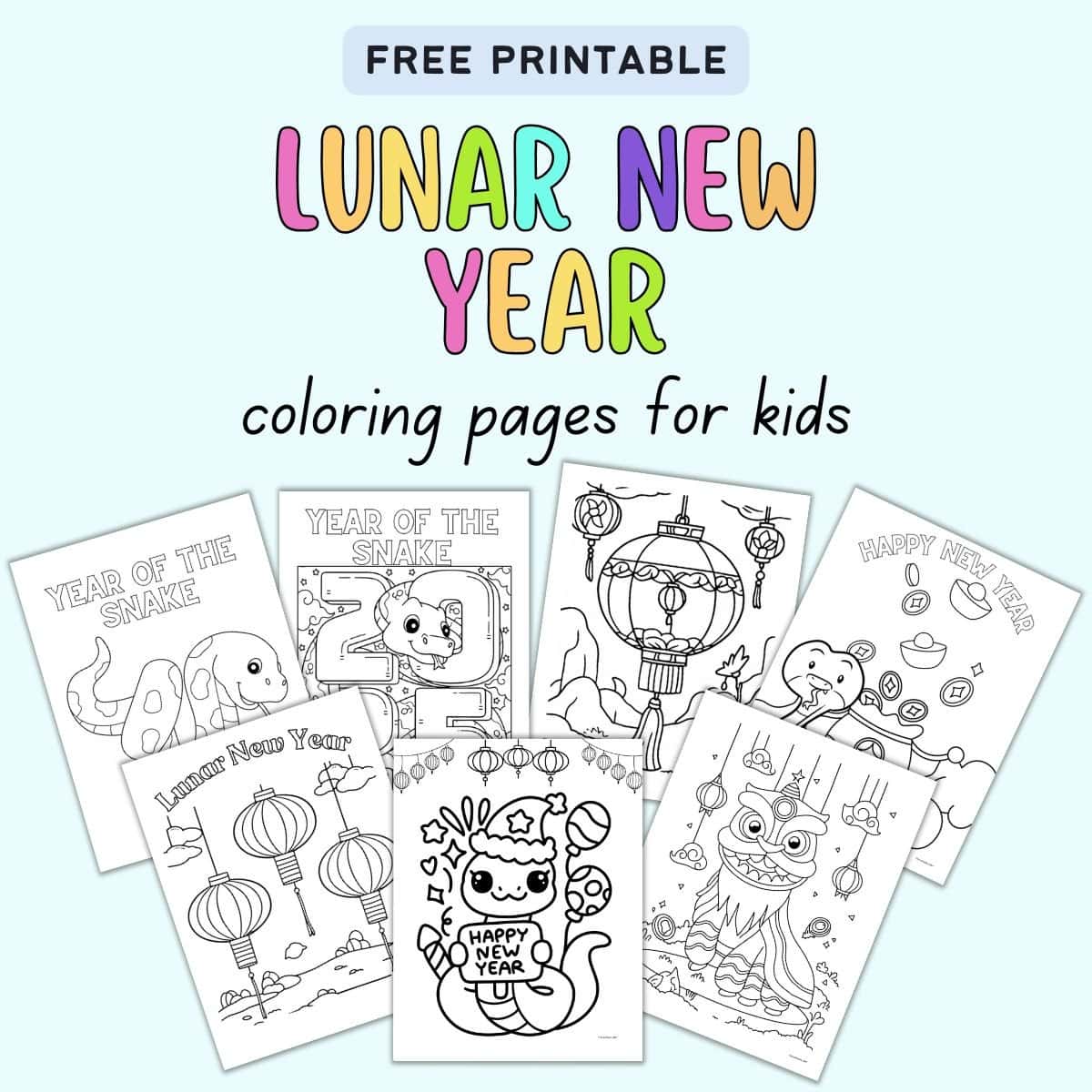 text "free printable lunar new year coloring pages for kids" with a preview of five pages of lunar new year coloring sheets