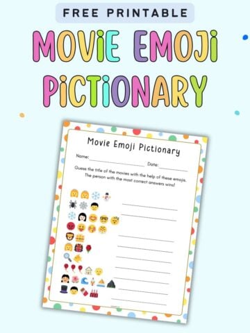 text "free printable movie emoji Pictionary" with a printable emoji Pictionary game with a movie title theme