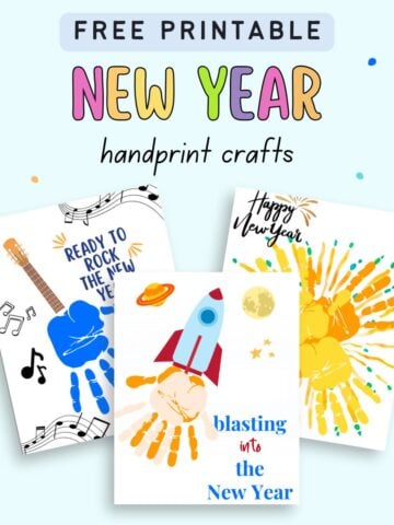 text "free printable New Year handprint crafts" with a preview of three pages of completed handprint craft for New Year's