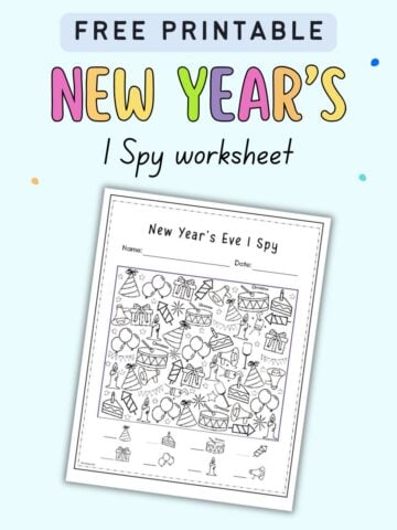 text "free printable New Year's I spy worksheet" with a preview of a lack and white I spy worksheet for kids