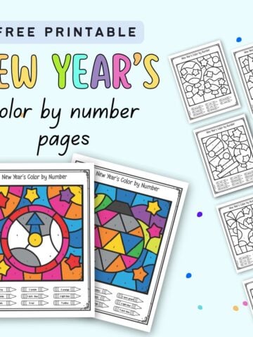 text "free printable New Year's color by number pages" with a. preview of eight pages. Six are not colored and two are colored.