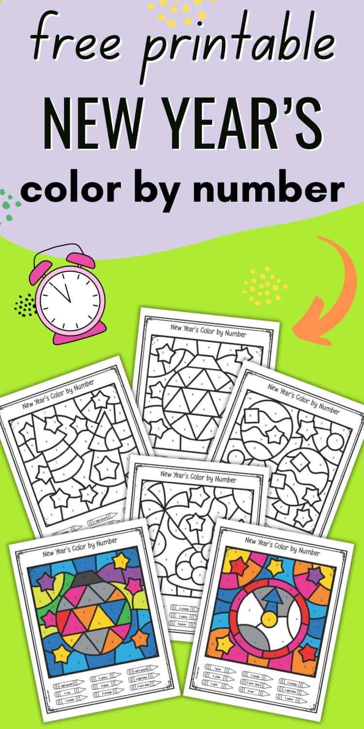 text "free printable New Year's color by number" with a preview of six new year's themed color by number sheets