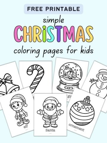 text "free printable simple Christmas coloring pages for kids" with a preview of seven printable Christmas coloring pages with vocabulary words in bubble letters