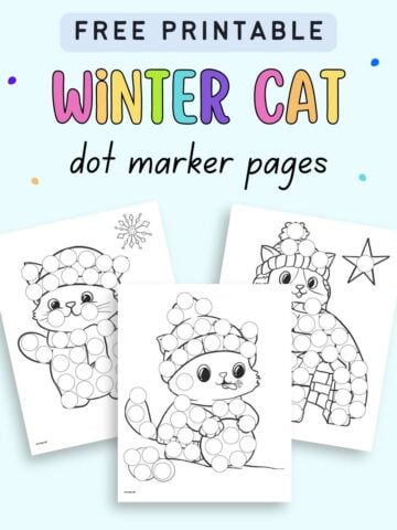 text "free printable winter cat dot marker pages" with a preview of six cute winter cat themed dot marker sheets for kids